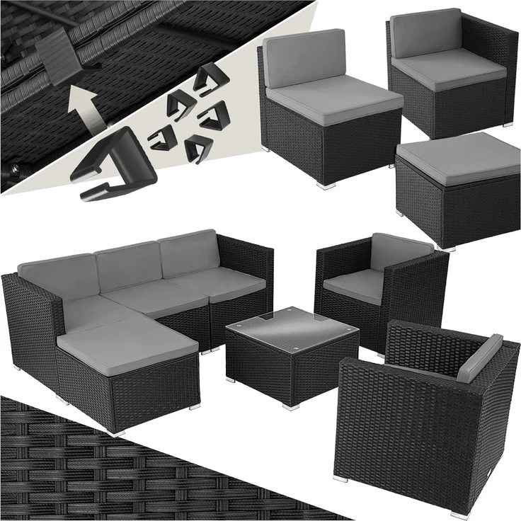 tectake® Poly Rattan Lounge, Outdoor Sitzgruppe, Set mit Sofa, 2 Sesseln, Hocker, Tisch, frei kombinierbar, Gartenmöbel für 5-6 Personen, für Garten Terrasse Balkon, inkl. Polster - schwarz