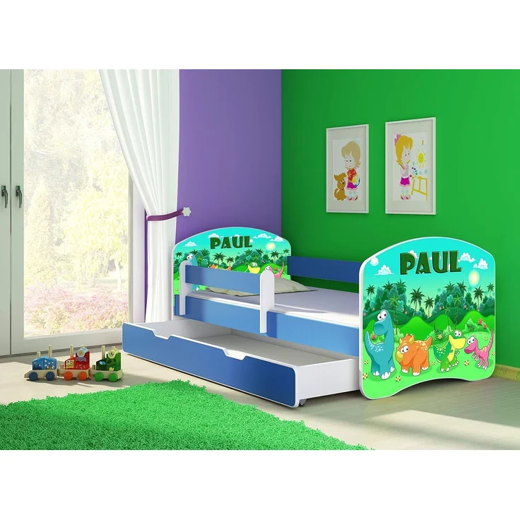 ACMA Kinderbett Jugendbett mit Einer Schublade und Matratze Blau mit Rausfallschutz Lattenrost II 140x70 160x80 180x80 (30 Dino, 160x80 + Bettkasten) – Bild 3