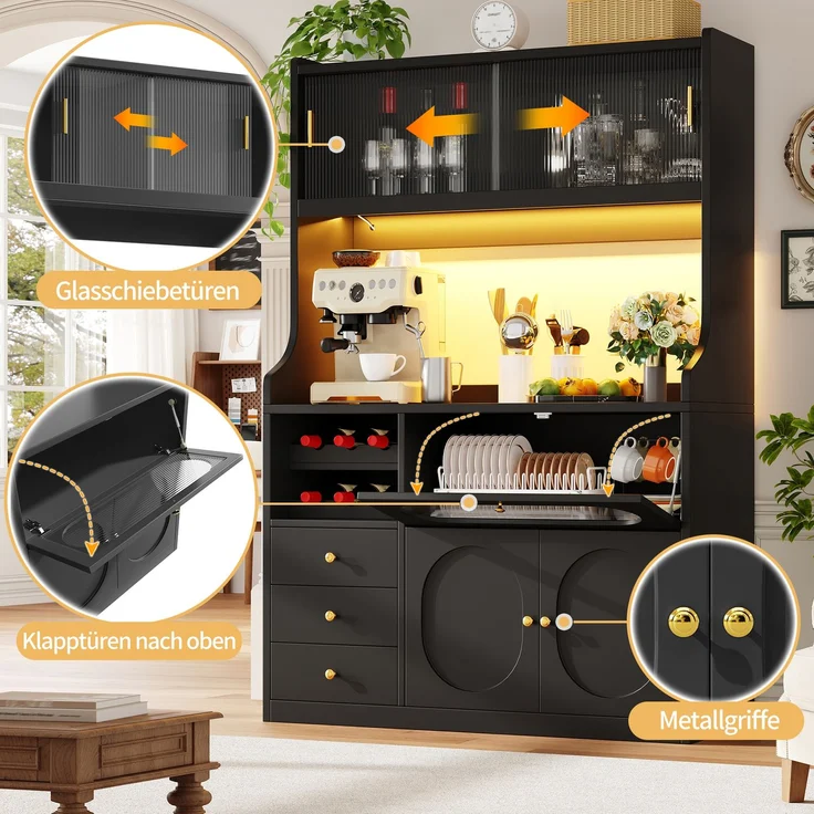 Sideboard 120x40x180 cm, Schwarz, mit RGB-LED, Glasschiebetüren, Klapptüren und 3 Schubladen – Bild 7