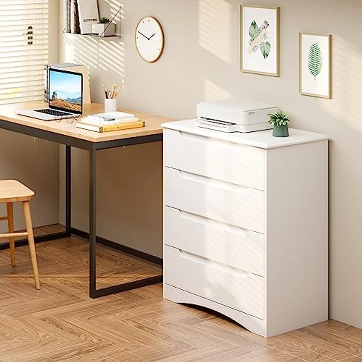 Bealife Kommode Weiß, Schlafzimmer Kommode mit 4 Geräumige Schubladen, Schrank mit Schubladen mit Ausgeschnittenen Griffen und Kippsicherung, Schubladenschrank Ideal für Wohnzimmer, Büro – Bild 10