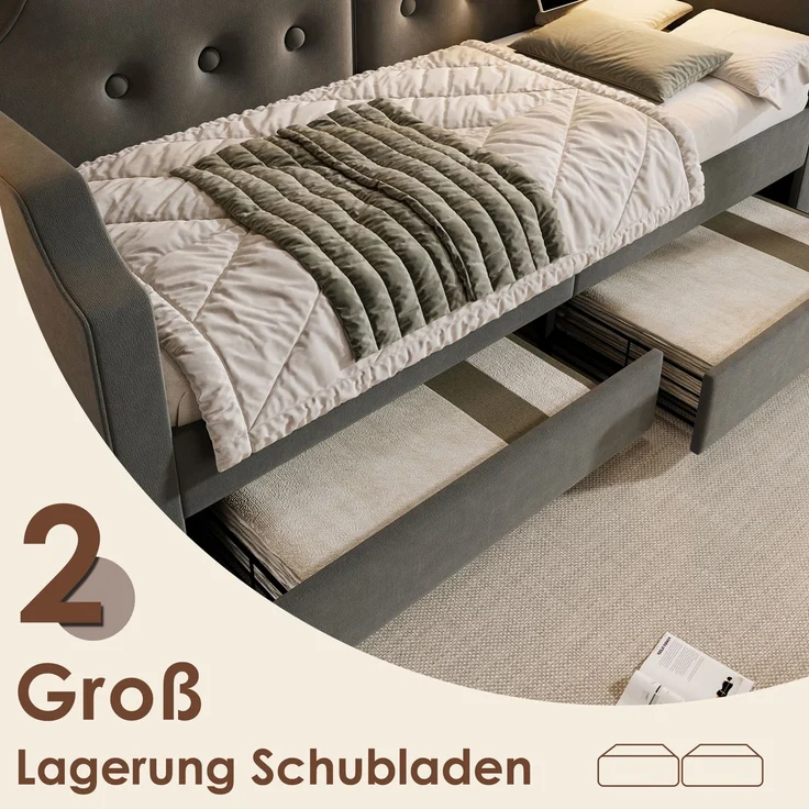 Schlafsofa Grau mit USB Type-C, Leselampe und 2 Schubladen, Samtbezug, 90x200 cm – Bild 5