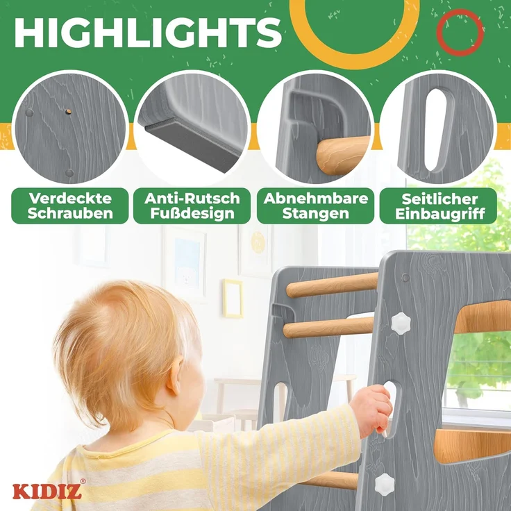 KIDIZ® Lernturm für Kinder ab 1 Jahr inkl. Lernuhr, 3-stufig Höhenverstellbarer Tritthocker aus Kiefernholz, spielerisch motorische Fähigkeiten fördern, Montessori Learning Tower, bis 50 kg belastbar, Grau / Hellbraun, 90 x 40 x 44 cm – Bild 3