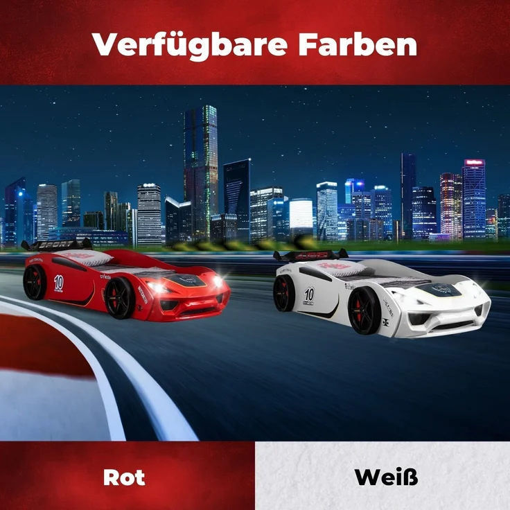 Autobett VENTO Kinderbett 90x200 cm Rennwagen-Bett inkl Lattenrost, Spoiler, LED-Licht, Farbe Rot – Bild 6