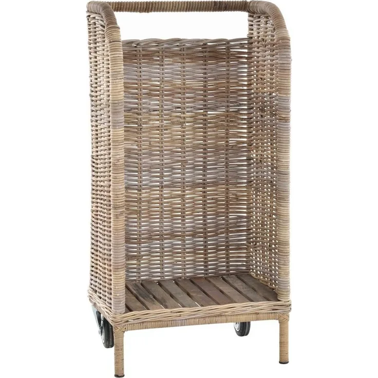 Krines Home Aufbewahrungskorb Holzwagen Holzkorb Brennholz- Kaminholzwagen aus Kubu-Rattan Naturrohr
