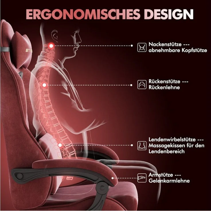 Ferghana Gaming-Stuhl Gaming-Stuhl: Kopfstütze, Lendenkissen, Armlehnen, Fußstütze (Packung), Ergonomischer PC-Stuhl,Rückenlehne 90°-125° – Bild 2