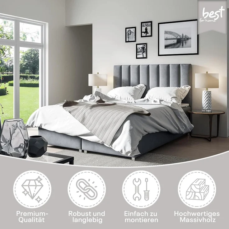 Best for Home Boxspringbett mit Bettkasten Trinity K-10 Bonellfederkern inkl. 7 cm Topper (Bonell-Matratze, gepolstertes Kopfteil, Doppelbett versch. Größen, 140x200 160x200 180x200 200x200 cm), Handwerksqualität, TOP Preis-Leistungs-Verhältnis – Bild 2