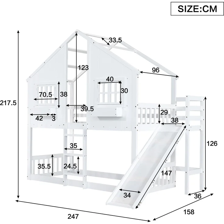 Merax Etagenbett, Kinderbett, Mit Kinderrutsche, Mit Dach und Fenster, mit Fallschutzgitter, mit dreistufiger Leiter, Kiefer+MDF, Weiß, 90x200cm – Bild 4