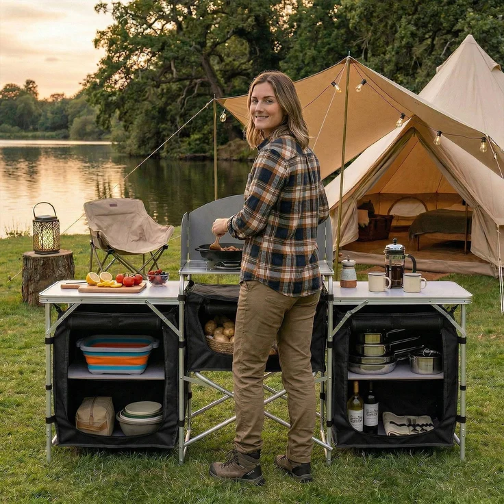 Sekey Campingschrank XXL Faltbar Campingküche mit Aluminiumgestell inkl. Windschutz und Tragetasche, Schwarz – Bild 7