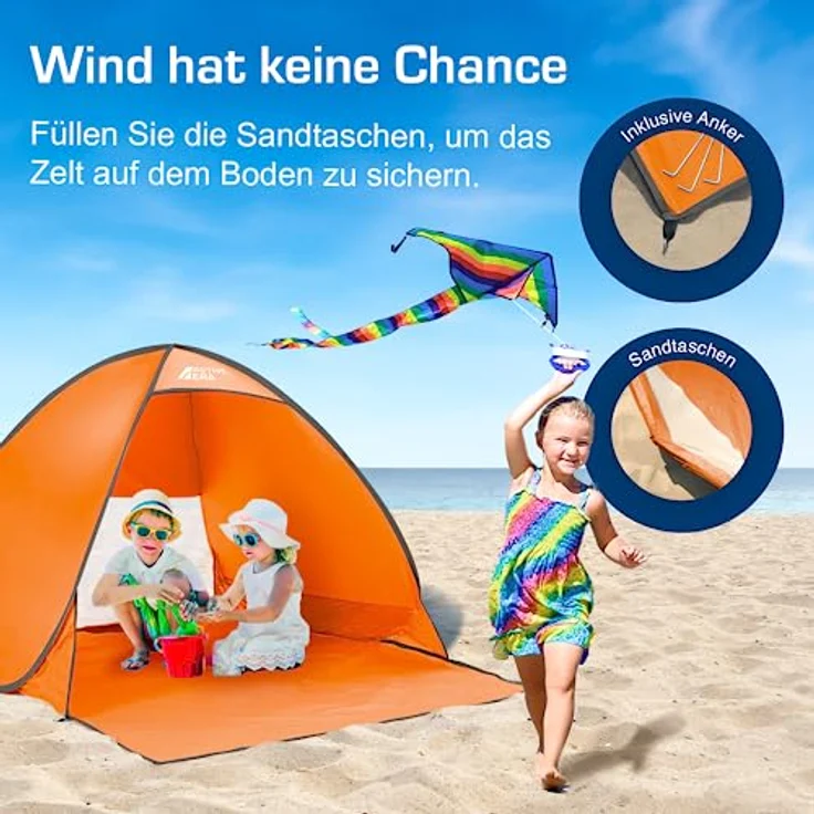 Active Era Pop Up Strandmuschel mit UV Schutz, UPF 50+ Strandzelt, Windschutz Strand, Zelt für 2-3 Personen inkl. Tragetasche und Heringe - Orange – Bild 4