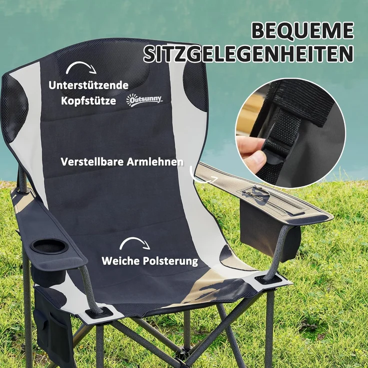Outsunny Campingstuhl mit Armlehnen Getränkehalter Kopfstütze Kühltasche (2er Set Faltstuhl, 2 St), bis 120kg belast, gepolstert, für Garten, Camping – Bild 4