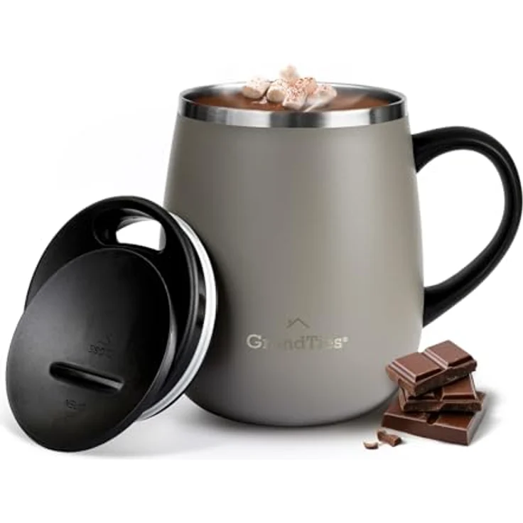 GrandTies Insulated Coffee Mug with Handle- Sliding Lid for Splash-Proof 16 oz Wine-Glass Shape Thermal Tumbler with Double Walled Vacuum Stainless Steel to Keeps Beverages Hot or Cold-Caffe Latte – Bild 1