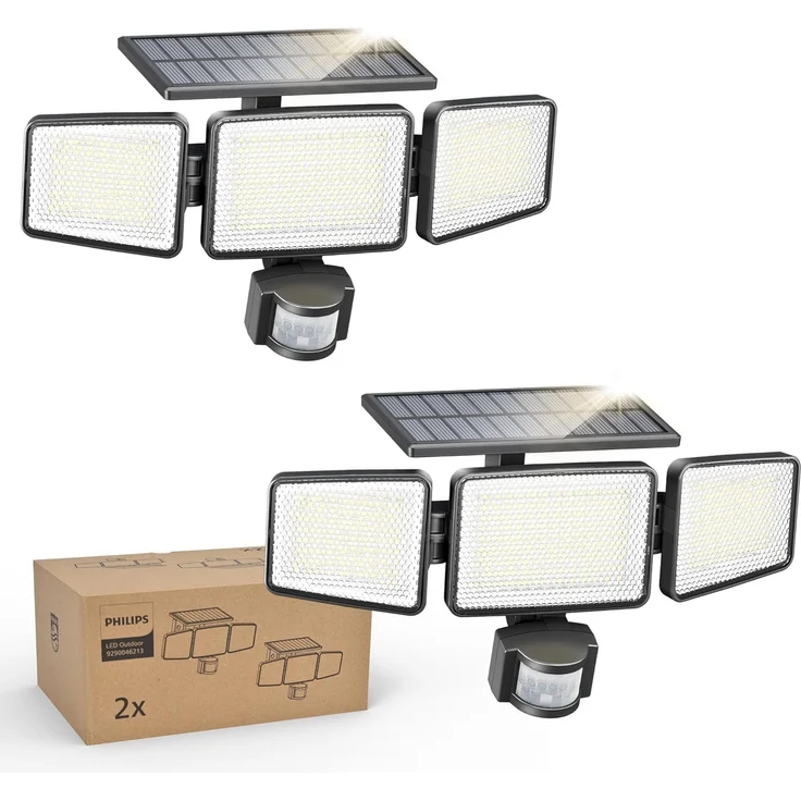 Philips Solarlampen für Außen mit Bewegungsmelder, 302 LEDs 1200 Lumen, Solarbetriebene Wasserdichte Wandfluter, 3 Köpfe, IP65 Wasserdicht, 3 Modi (2 Stück)
