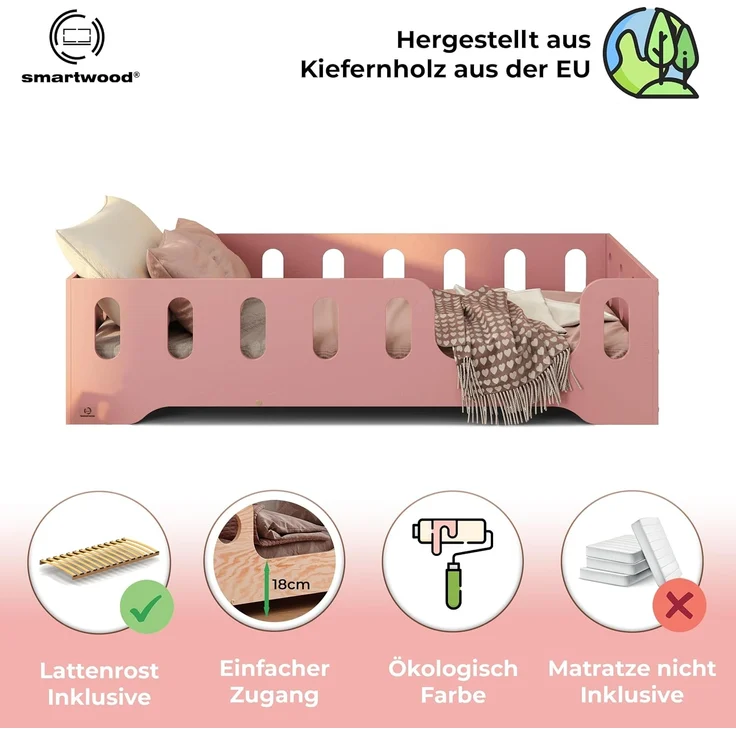 smartwood Kinderbett Bodenbett 100x180 mit Rausfallschutz & Lattenrost - Rosa - Kinder Montessori Bett TILA 2P mit glatten Kanten - Betten für schnelle Montage - Bis 230 kg belastbar – Bild 3