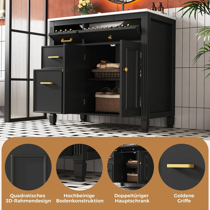 Freistehender Waschtisch, B 91 x T 46,5 x H 87 cm, MDF und Keramik, schwarz – Bild 6