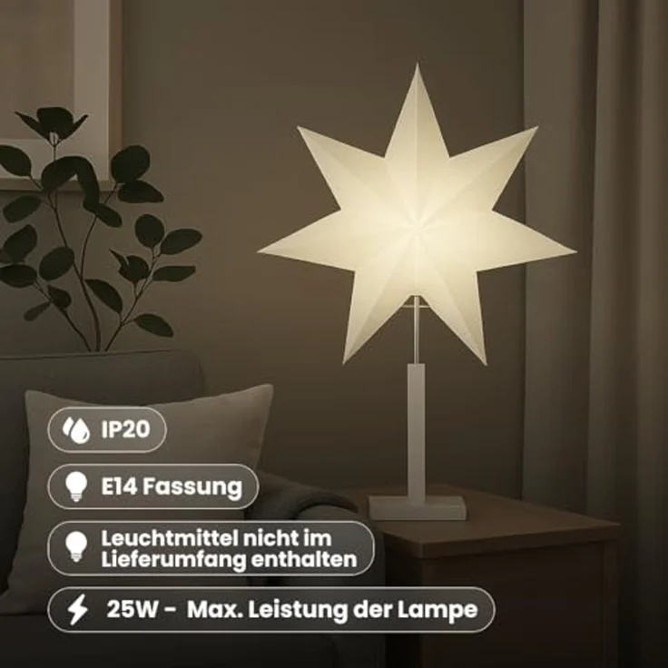 EGLO Tischlampe mit Weihnachtsstern, Dekostern beleuchtet aus Papier mit Holz-Sockel, 3D Fenster-Leuchtstern stehend in weiß mit Kabel, Tischleuchte Weihnachten, E14 Fassung, 70 cm – Bild 5