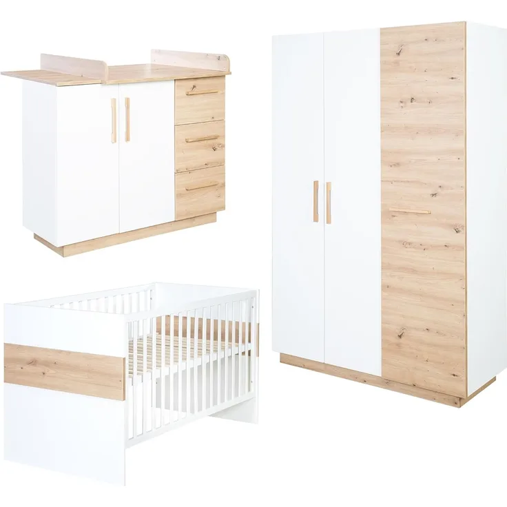 roba Kinderzimmerset 'Lion' 3-teilig - Bett 70 x 140 - Wickelkommode breit - Weiß / Artisan Eiche