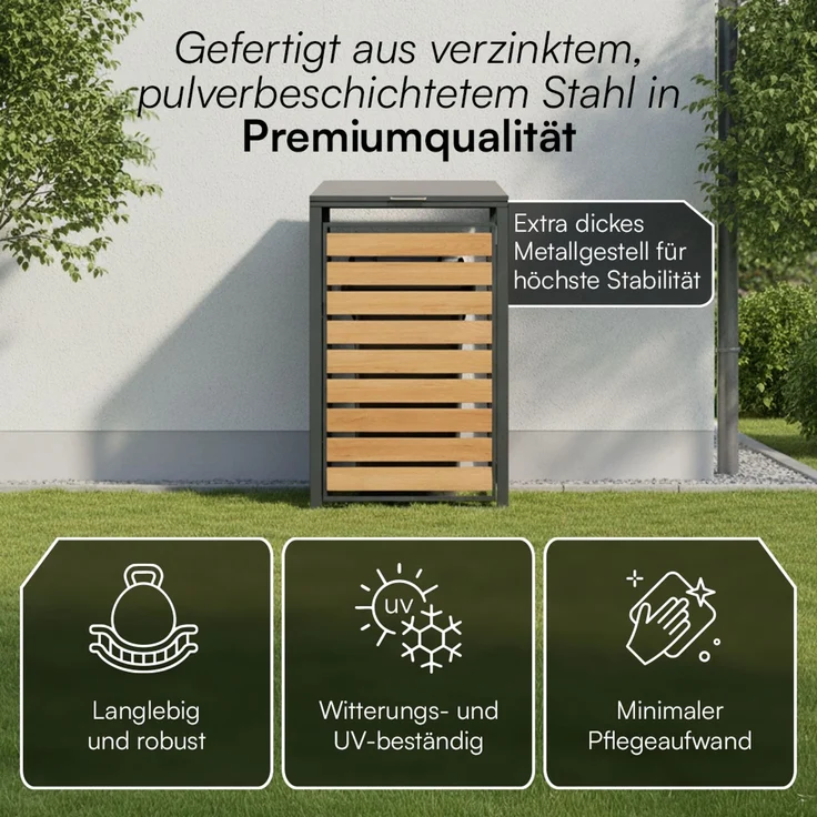 STEELSØN 'Kestra' Mülltonnenbox 1er 240 Liter, anthrazit mit Holzoptik, Mülltonnenverkleidung aus Stahl, wetterfest, 116x80x69 cm, Müllbox für 1 Tonne – Bild 5
