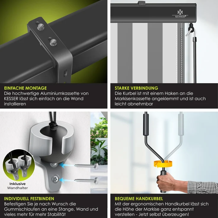 KESSER® Senkrechtmarkise Außenrollo Handkurbelmechanismus Balkonrollo Sonnen & Sichtschutz Beschattung Sonnenschutz Außen Rollo mit Kurbel Markisenkasten Balkon & Terrasse Inkl. Montageset & Abdeckung Grau / Weiß, 160 x 250cm – Bild 3