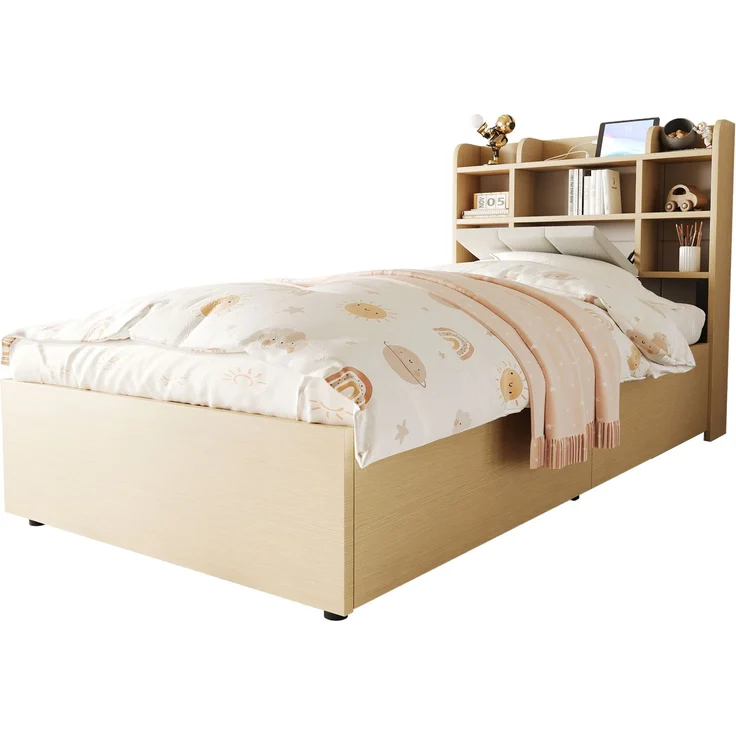 Holzbett 90 x 200 cm, Hydraulisches Bett, Kopfteil mit Stauraum, Ausgestattet mit USB- und Tape-C-Steckdose, Einzelbett, Jugendbett, Holzfarbe (ohne Matratze) – Bild 9