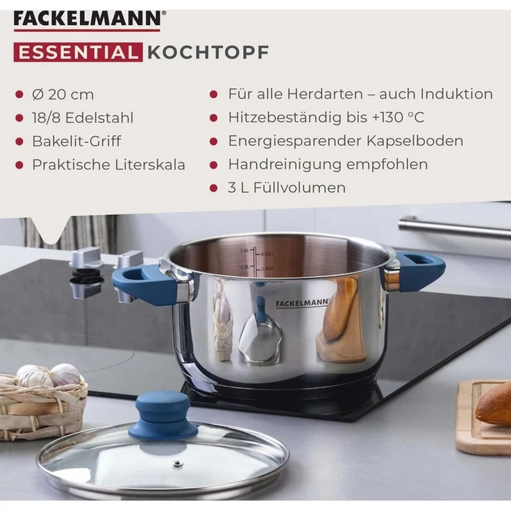 FACKELMANN Kochtopf Essential Ø 20 cm aus Edelstahl, ergonomische Softtouch-Griffe, modernes Design, für alle Herdarten geeignet, Blau – Bild 3