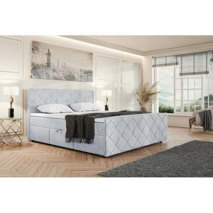 MEBLINI Boxspringbett HENRY 160x200cm - H3P/Hellgrau Samt - mit Bettkasten - Polsterbett - Doppelbett mit Topper & Taschenfederkern-Matratze – Bild 1