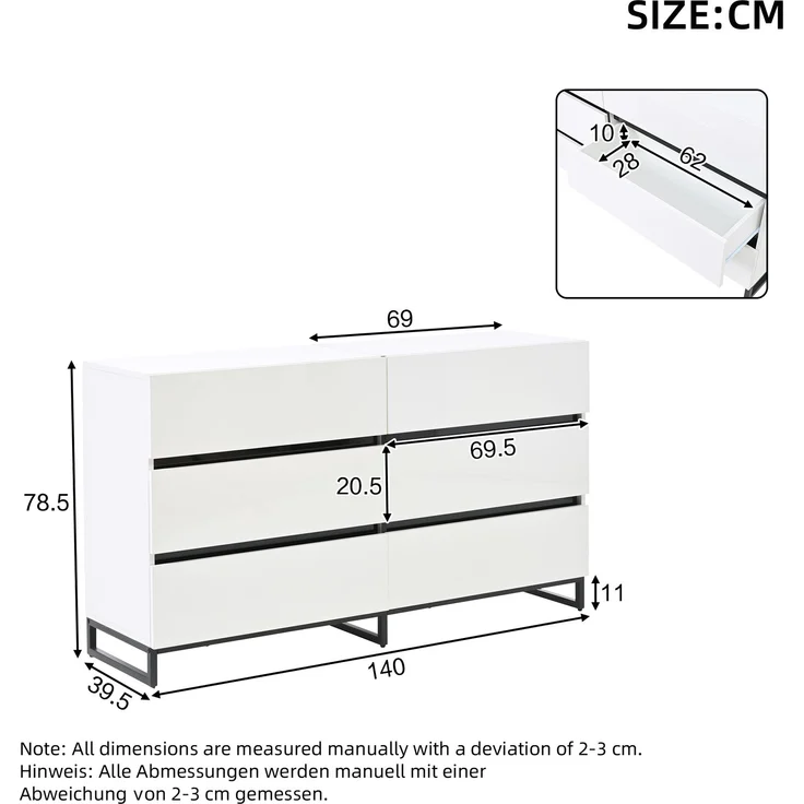 Sideboard 140 x 39,5 x 78,5 cm Weiß mit 6 Schubladen, Hochglanzfront, Metallfüße, großer Stauraum, symmetrisches Design – Bild 10