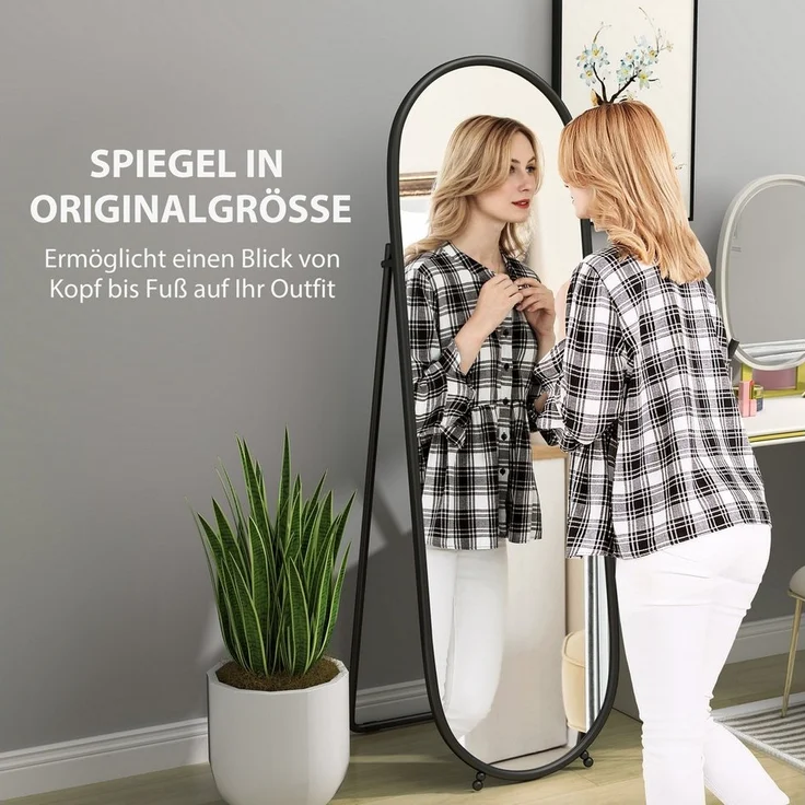 HOMCOM Standspiegel 160 x 40 cm, mit Ständer (Ganzkörperspiegel aus Metall, 1-St, Wandspiegel), für Wohnzimmer, Schlafzimmer, Schwarz – Bild 3