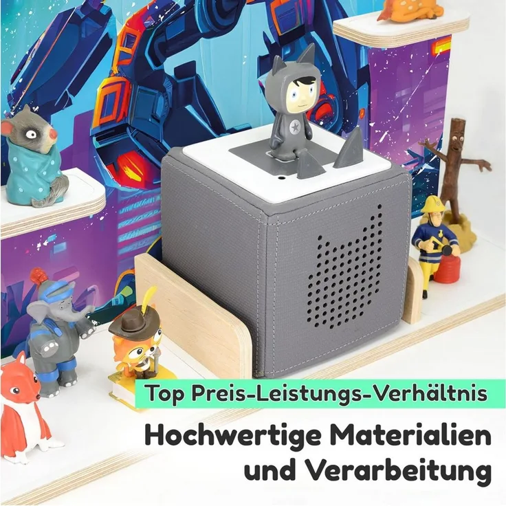stadtecken Holzregal für Musikbox I Geeignet für die Toniebox und ca. 50 Tonies I Perfekte Tonie Aufbewahrung im Kinderzimmer I Zum Aufstellen oder Aufhängen (Robots, Groß)