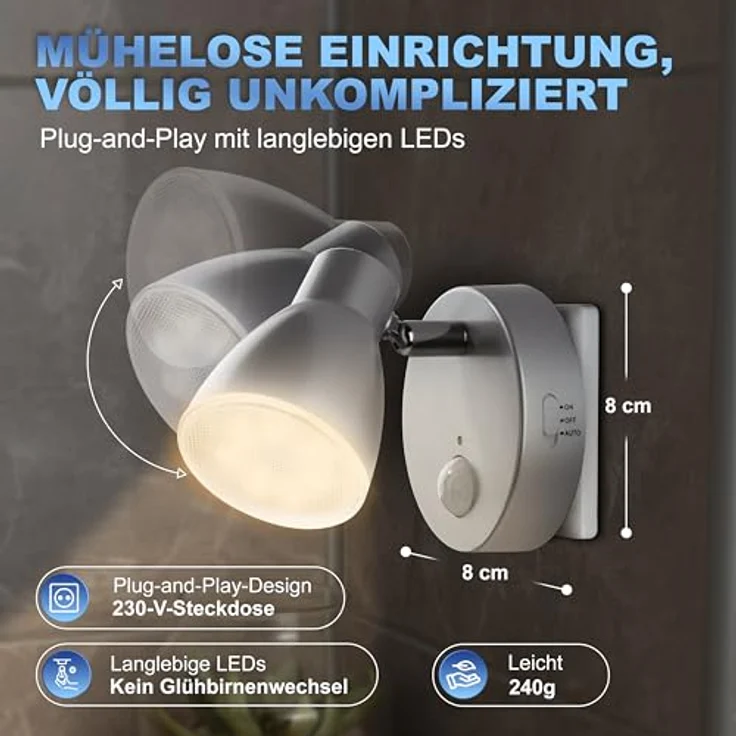 TRANGO LED Nachtlicht, Bewegungsmelder, 2635-014 LED Sensor Steckdosenlampe *MILO* mit Automatikfunktion in Silber Sicherheitslicht 230V, Wandlampe, Orientierungslicht, Nachtlampe, Steckdosenlicht – Bild 7
