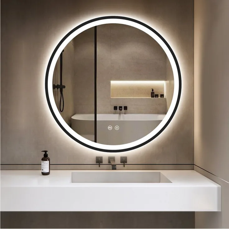 GIMBELEN LED-Badezimmerspiegel 60 cm, dimmbar, rund, 3 Lichtfarben, antibeschlag, schwarz