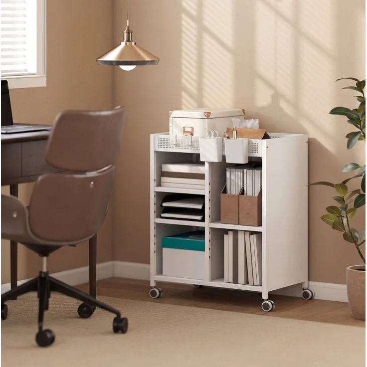 Bücherregal aus Metall auf Rollen mit verstellbaren Böden, 53x34x69,5 cm, Weiß – Bild 1