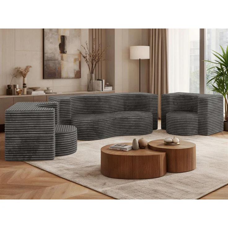 Polstermöbel-Set SANOA, Sofa mit 2 Sesseln, Schlaffunktion, Ausklappbares Sofa, 3-teiliges, Schaumstoffkern - Dunkelgrau Cord – Bild 1
