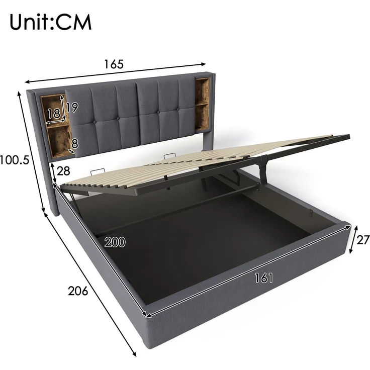 EINHOM Doppelbett 160x200cm mit Stauraum Lattenrost, Polsterbett mit Kabellosem Laden USB C, Leinen, Grau (Ohne Matratze) – Bild 2