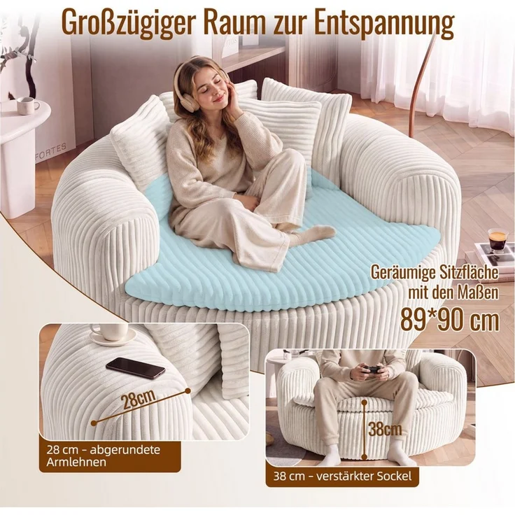 i@home Sitzsack Loungesessel Cord gepolstert, Relaxsessel Bodensessel (1 St, extrabreiter Sitzfläche und Armlehnen, rutschfest), Sessel mit Taschenfedern, 5 Kissen für Schlafzimmer & Leseecke 145 cm – Bild 2