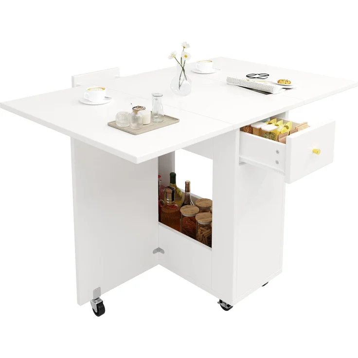 Esstisch 120x75x75 cm klappbar mit Stauraum, 2 Schubladen und Rollen – Bild 6