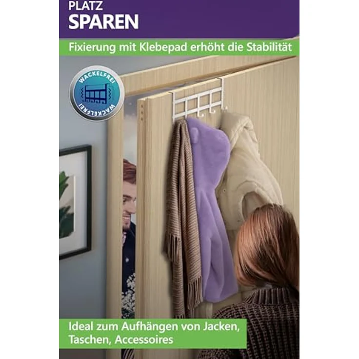 4smile Türgarderobe zum Einhängen - Universelle Türhaken für deutsche Türen, Kleiderhaken Tür - Stabile Türhakenleiste, Haken zum Einhängen als Ordnungshelfer, Fb. Weiß – Bild 4