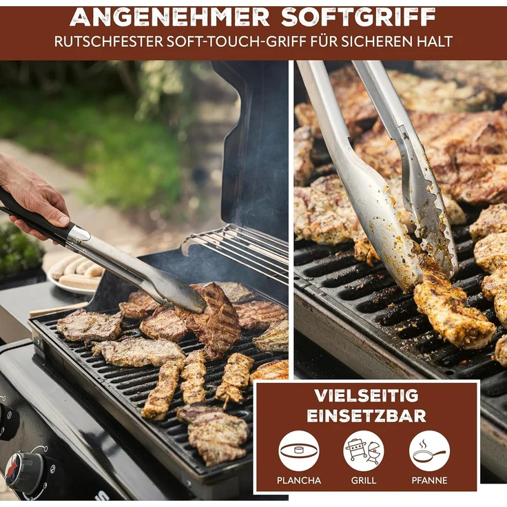 Grill-Besteck 2tlg. / Zange und Wender / langes Grillzubehör aus Edelstahl mit Softgriff – Bild 3