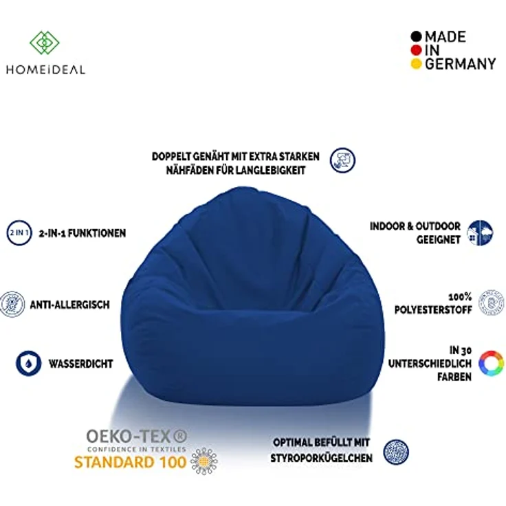 HomeIdeal - Sitzsack XXL Bodenkissen für Erwachsene & Kinder - Geeignet für Gaming oder Entspannen - Indoor wie Outdoor da er Wasserfest ist - mit EPS Perlen, Farbe:Blau, Größe:XXL – Bild 3
