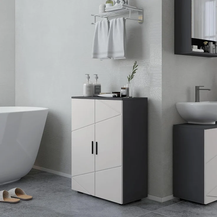 Kleankin Badkommode Badezimmerschrank Beistellschrank mit Doppeltür, Verstellbar Ablagen (Badschrank, 1 St, Aufbewahrungsschrank), für Wohnzimmer 60 x 30 x 82 cm Grau – Bild 7