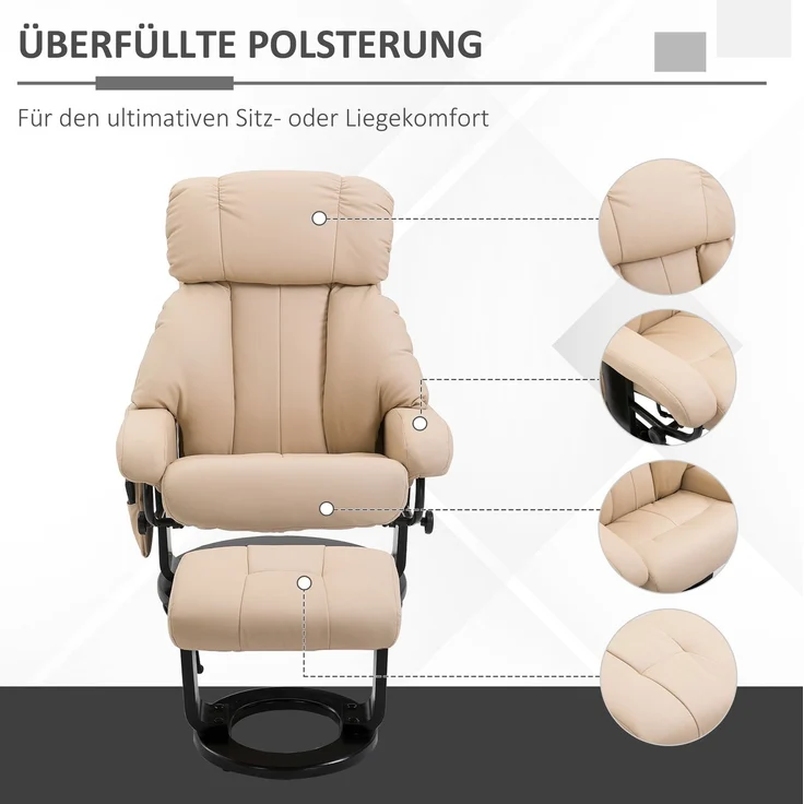 DESVIAE Sessel mit Massagefunktion und Hocker, 2-tlg, Bonded Leather, Cremeweiß, 76 x 80 x 102 cm – Bild 4