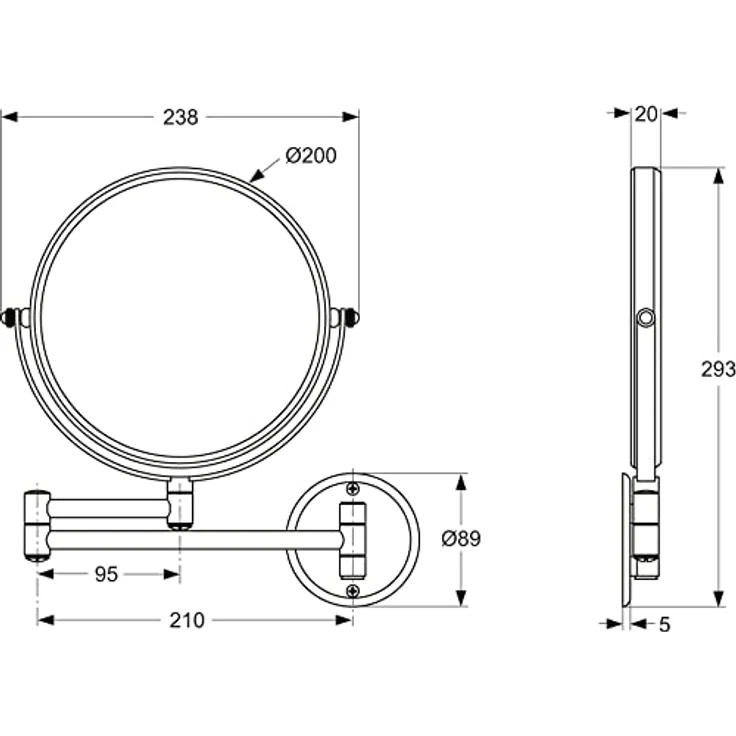 Ideal Standard IOM Kosmetikspiegel, Ø 200 mm mit 3-fach Vergrößerung, schwenkbar, Chrom, kompakt und stabil (238x25x293 mm) – Bild 3