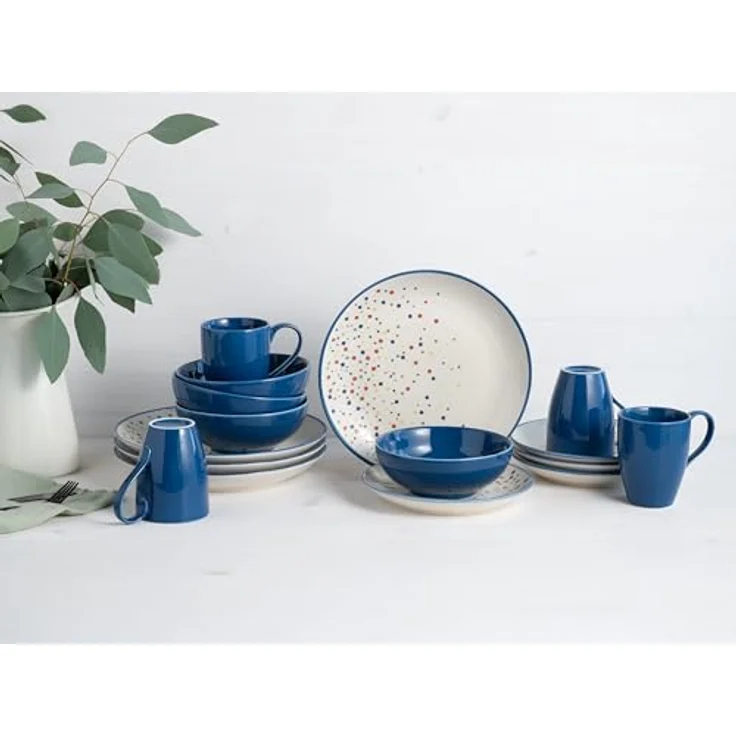 Creatable Kombiservice Joy, 16-teiliges Geschirrset in Blau-bunt und Creme, handbemalt, lebensmittelecht, stapelbar, mit Punkten, 300 ml und 400 ml Füllmenge – Bild 1