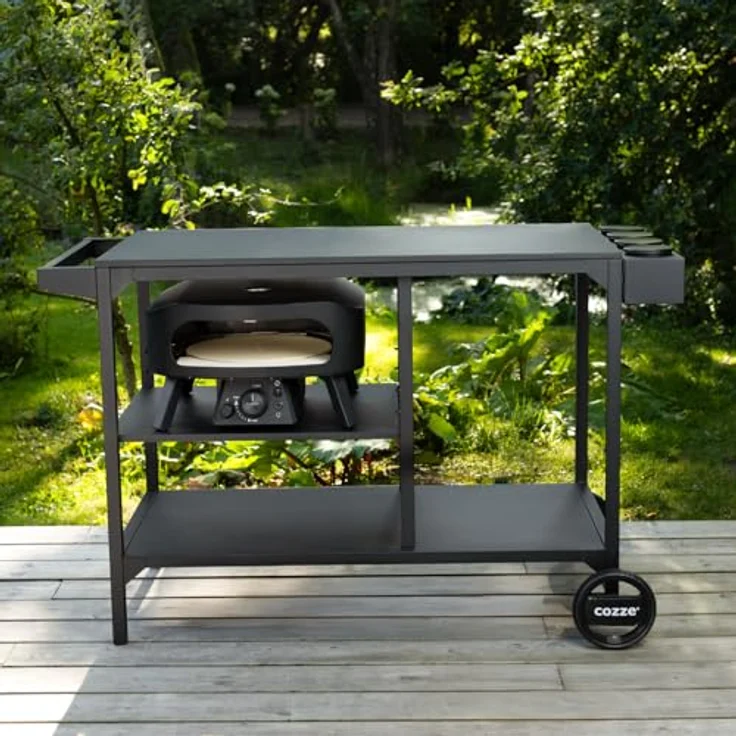 cozze BBQ Station & Outdoor Küche – Großer Grilltisch für Pizzaofen, Verstellbarer Regalboden (3 Höhen), 2 Räder, Stahl Schwarz, bis 100 kg - 90x115x60 cm – Bild 9