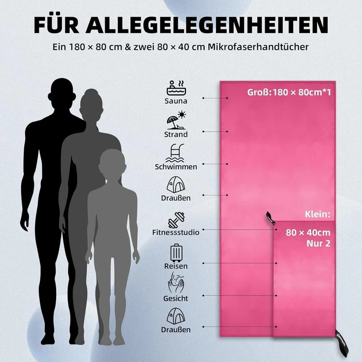 Mikrofaser Handtuch 3er-Set Groß Klein Rosa Fitness Strand Reise – Bild 3