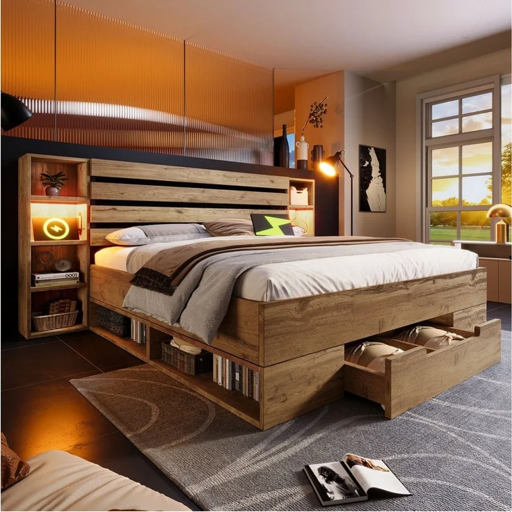 OKWISH Holzbett Stauraumbett, Eiche massiv, mit USB-C im Kopfteil (Funktionsbett, Doppelbett, 1-tlg, LED-Beleuchtung am Bett, inklusive Schubladen, 180×200cm), Lattenrost aus Holz, komfortable Bettanlage(Ohne Matratze) – Bild 3