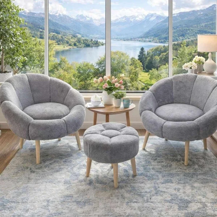 Elegantes Ohrensessel- und Pouf-Set (3-teilig), Grau, 100% Wellssoft-Gewebe, Beine aus 100% Esche | Perfekt für Moderne Wohnräume – Bild 2