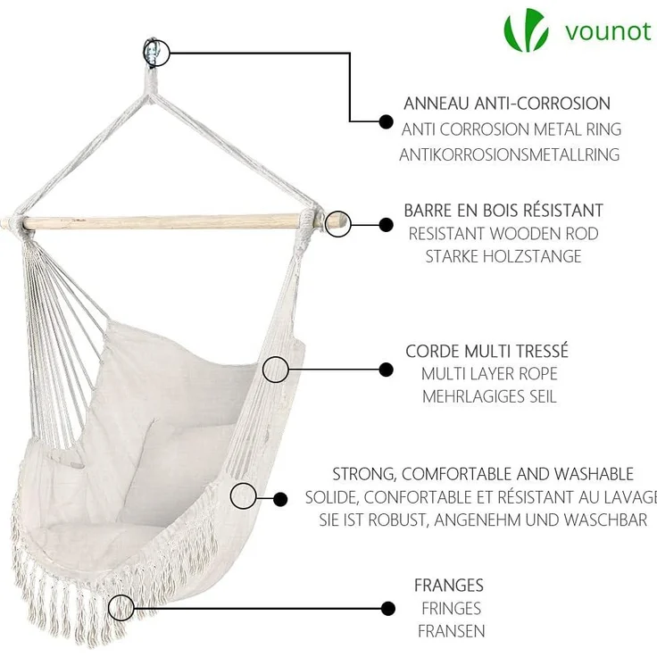 VOUNOT Hängesessel mit 2 Kissen & Bücherfach, Hängestuhl XXL Hängematte Hängeschaukel für Indoor Outdoor Garten, Beige – Bild 7
