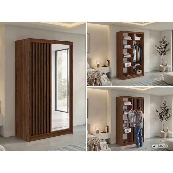 Kleiderschrank LAOS 120 cm Schiebetürenschrank Warmia-Nuss mit Akustikpaneel-Design (Lamellen) Schwarz & Spiegel, Inkl. Innenausstattung – Bild 2