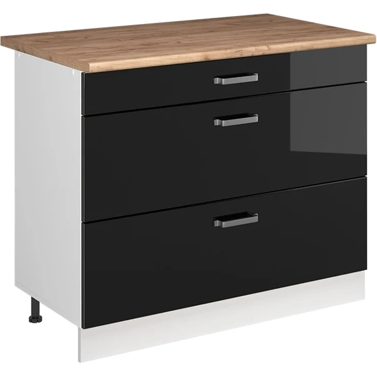 Küchenunterschrank R-Line Schwarz Hochglanz/Weiß 100 cm Arbeitsplatte Goldkraft Eiche Vicco – Bild 1
