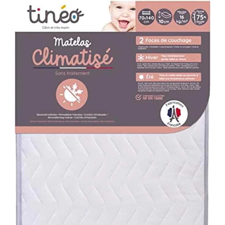 TINÉO – Klimaaktive matratze 70 x 140 x 10 cm – Babymatratze – klimatisiert – 1 Sommerseite – 1 Winterseite – unbehandelt – Dichte 20 kg/m3 – Made in France – Bild 2
